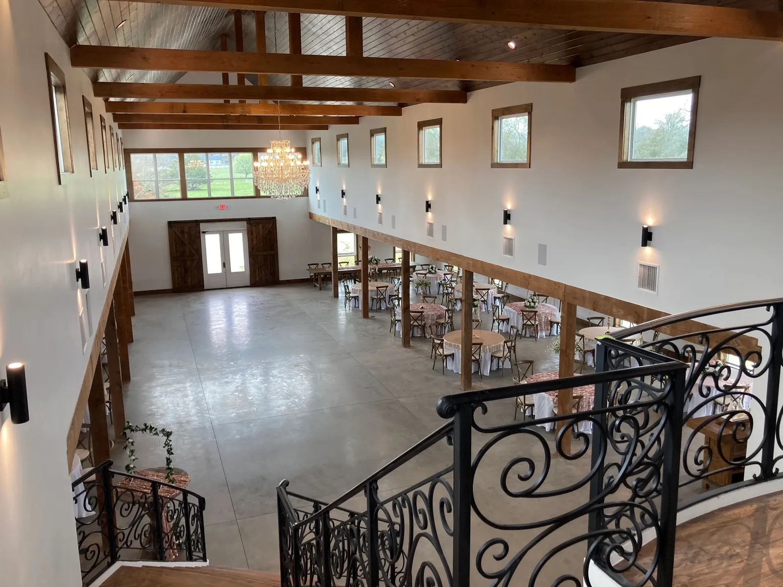 Barn reception hall set for 250 guests at the Primrose Hill all-inclusive wedding venue